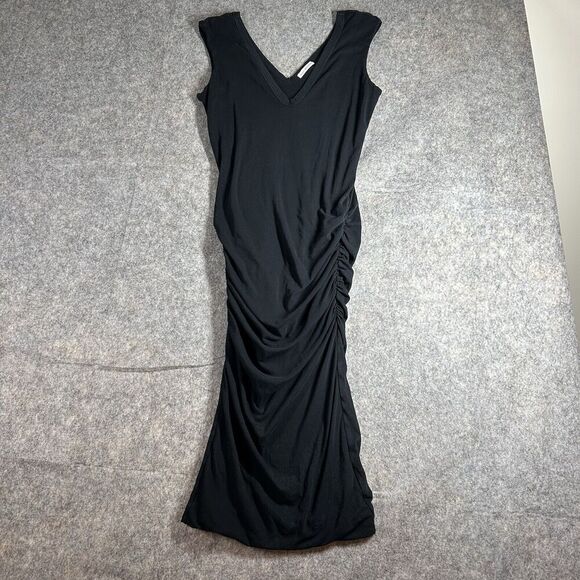 James Perse Standard Midi Dress Women’s 2/M Ruched Fitted Black Minimalist Flaws - Picture 1 of 11